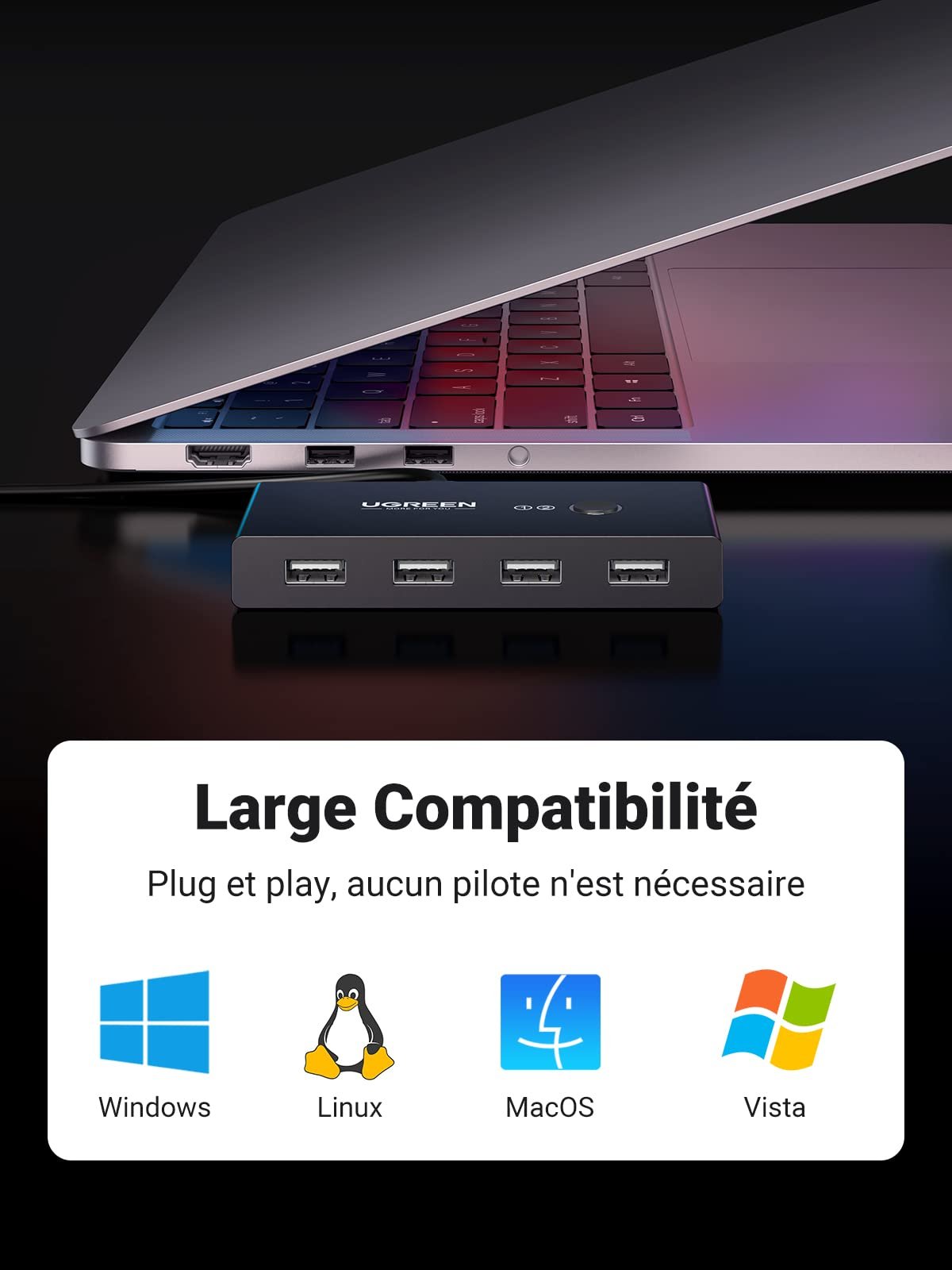 UGREEN USB 2.0 Switch 4 Ports pour 2 PC 2 Entrées 4 Sorties USB Commutateur prix maroc- Smartmarket.ma