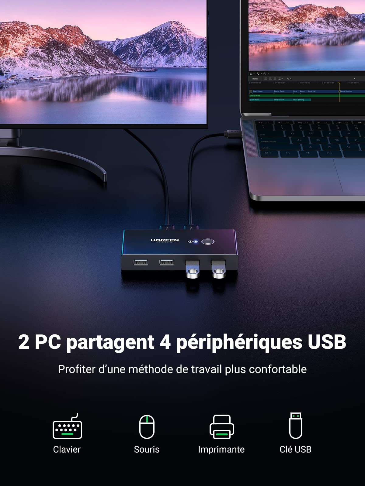 UGREEN USB 2.0 Switch 4 Ports pour 2 PC 2 Entrées 4 Sorties USB Commutateur prix maroc- Smartmarket.ma