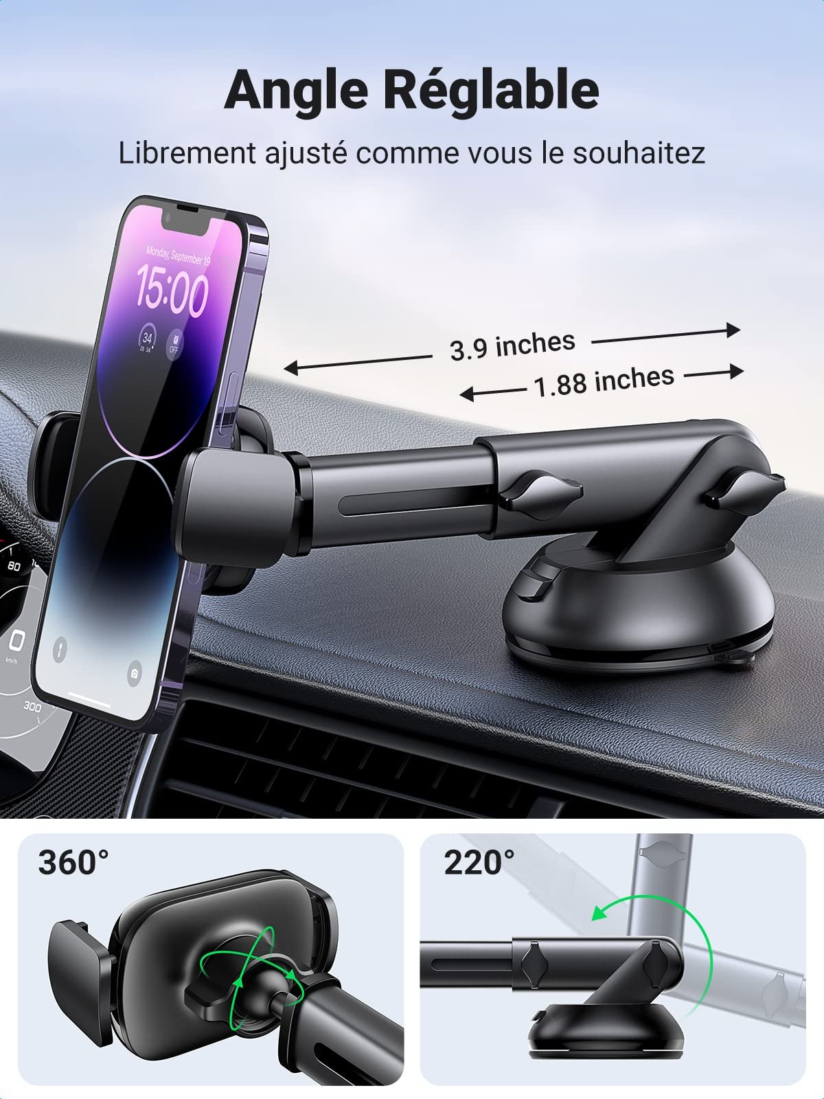 UGREEN Support Téléphone Voiture Pare Brise Porte Téléphone Voiture Ventouse Tableau de Bord Rotation 360 Degrés prix maroc- Smartmarket.ma
