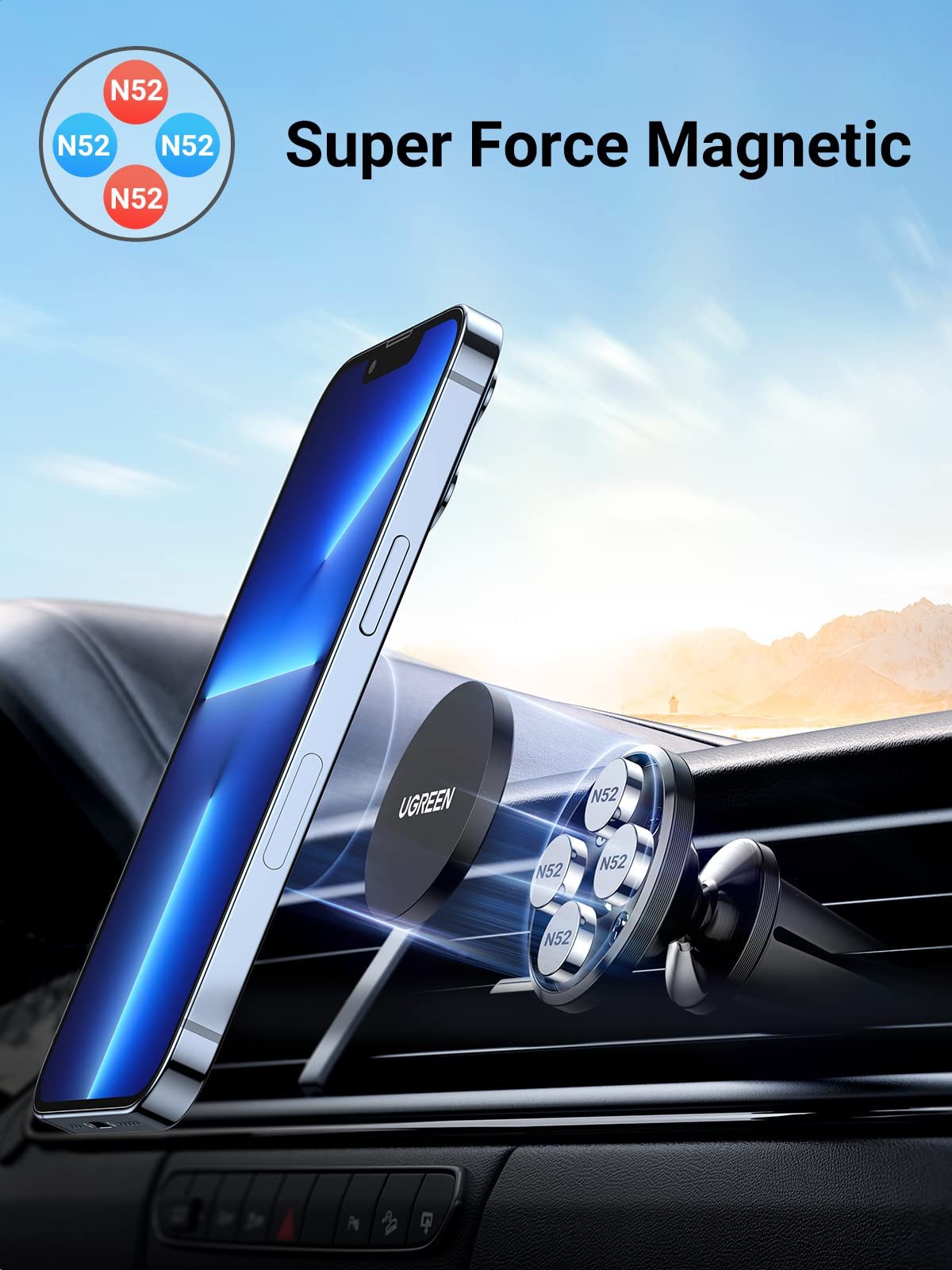 UGREEN Support Téléphone Portable Voiture Magnétique 4 Aimants Puissants Intégrés prix maroc- Smartmarket.ma