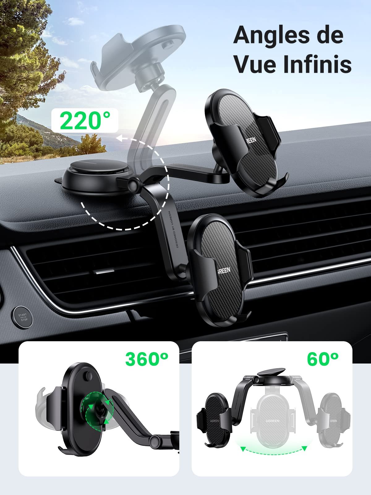 UGREEN Support Téléphone Voiture Ventouse Porte Smartphone Portable Voiture Rotation à 360 Degrés prix maroc- Smartmarket.ma