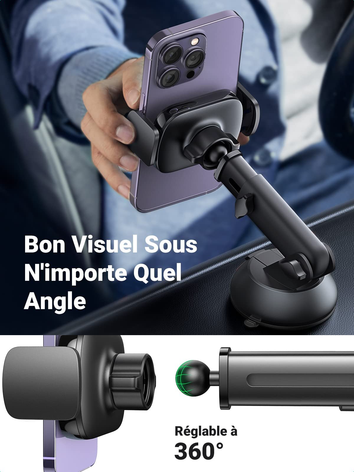 UGREEN Support Téléphone Voiture Pare Brise Porte Téléphone Voiture Ventouse Tableau de Bord Rotation 360 Degrés prix maroc- Smartmarket.ma