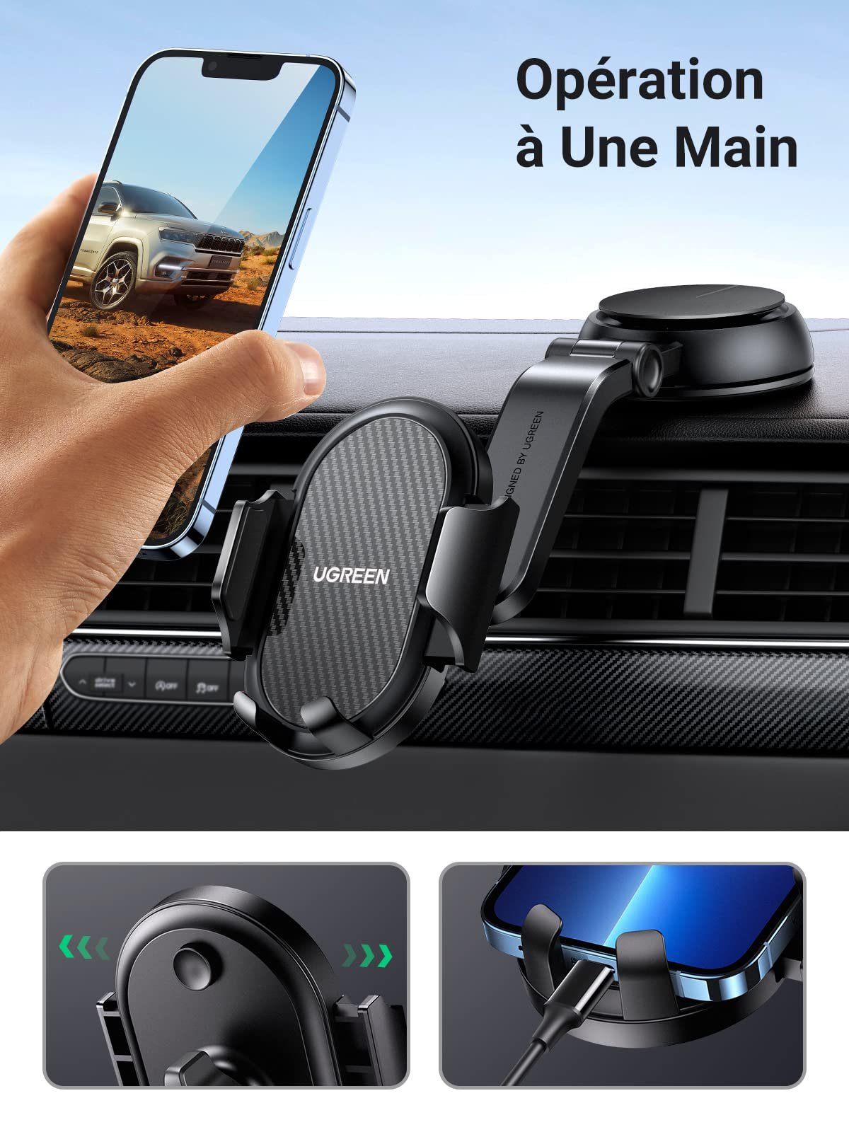 UGREEN Support Téléphone Voiture Ventouse Porte Smartphone Portable Voiture Rotation à 360 Degrés prix maroc- Smartmarket.ma