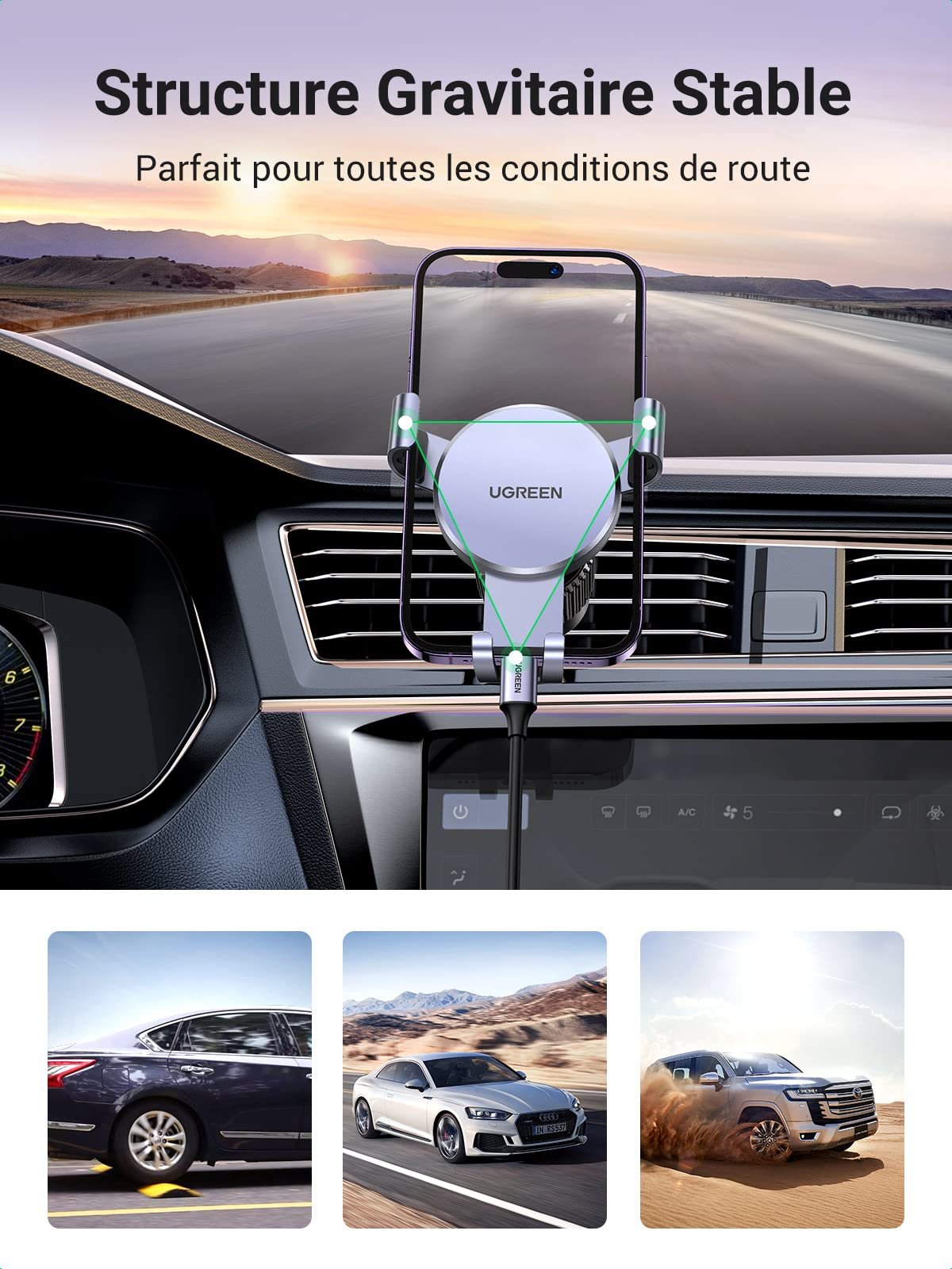 UGREEN Support Téléphone Voiture Gravité Grille Aération Porte Portable Voiture Ventilation Accroche Smartphone Voiture (Gris) prix maroc- Smartmarket.ma