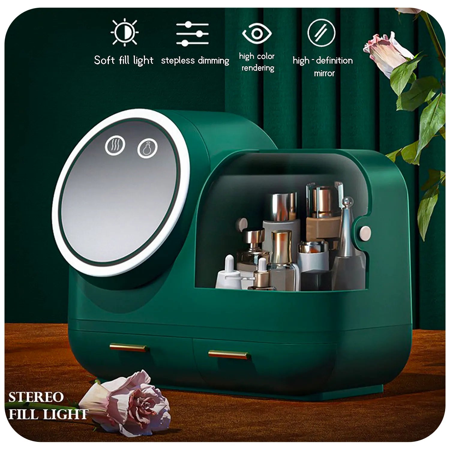 Boîte de rangement de maquillage à tiroir avec miroir à led
