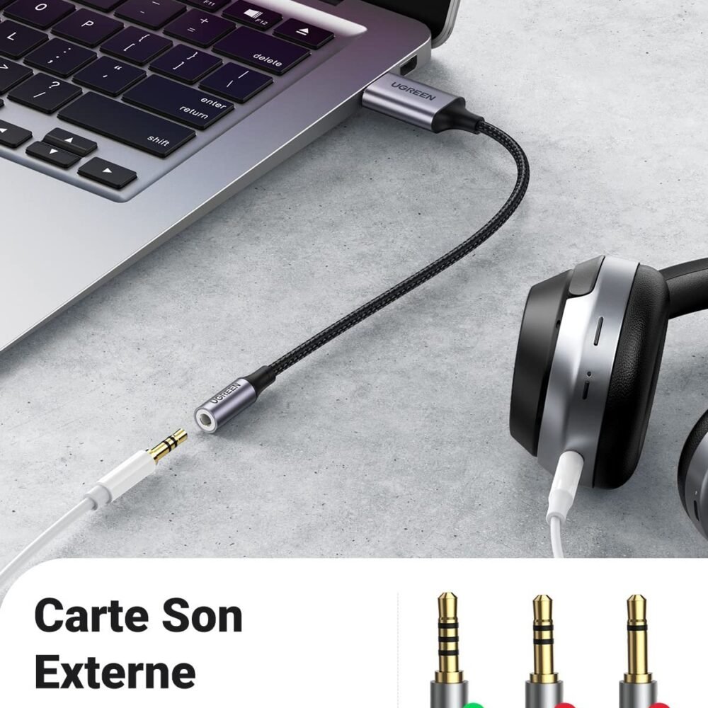 UGREEN Adaptateur USB vers Jack 3,5mm Carte Son Externe USB pour Casque Audio Micro TRRS Enceinte Haut Parleur Plug et Play 71Ez3bF3xzL